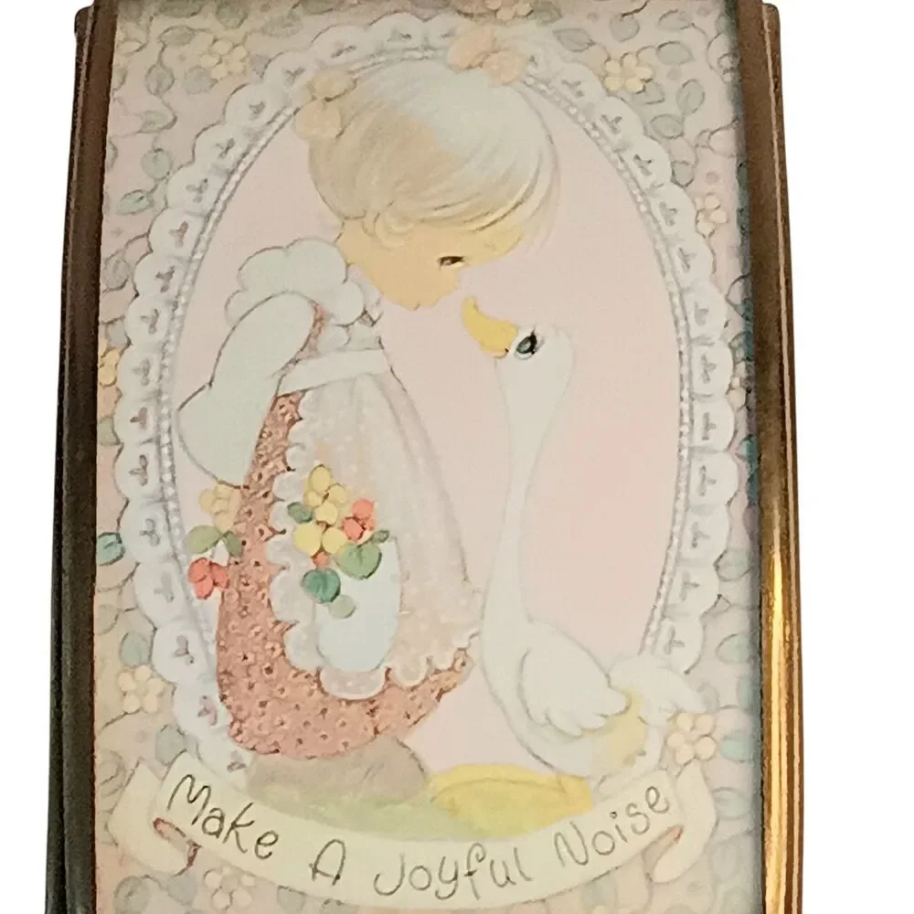 VTG Brass & Pink Slag Glass Trinket Box Cute Girl & Duck Make A Joyful Noise
